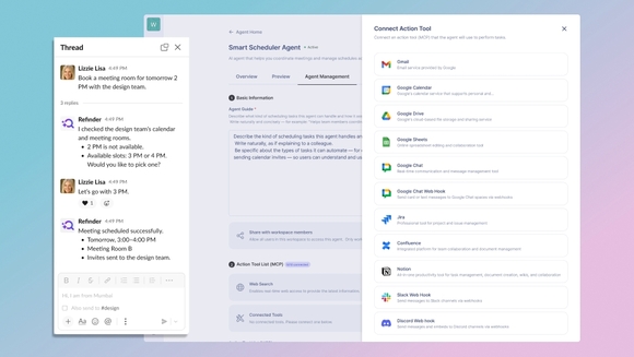 ▲씽크프리 리파인더 AI 에이전트가 슬랙, 구글 챗에서 사용자의 대화형 요청을 인식해 회의 일정을 예약해주는 모습 / 자료=씽크프리 씽크프리, AI 에이전트 기능 공개…업무 자동화 지원