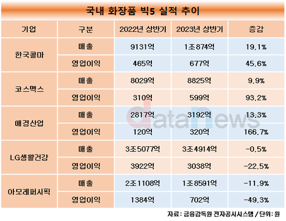 [취재]화장품 빅5, 중견 화장품사 올해 상반기 실적 모두 맑음…LG생건·아모레는 흐림