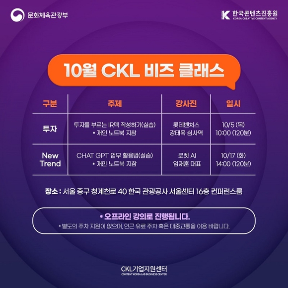 콘진원 CKL기업지원센터, 실습으로 완성하는 ‘10월 비즈클래스’ 교육 일정 오픈   