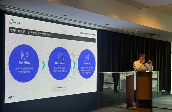 ▲베스핀글로벌과 HPE가 공동 개최한 ‘하이브리드 클라우드 전환 전략 세미나’에서 베스핀글로벌 AIOps본부 구상원 이사가 발표하고 있다. / 사진=베스핀글로벌 베스핀글로벌, ‘하이브리드 클라우드 전환 전략 세미나’ 성료