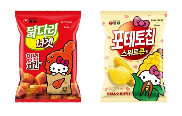 ▲농심 올리브영 협업 스낵 제품 2종 / 사진=농심 농심, 올리브영·산리오와 협업…명동서 ‘K-스낵’ 공략
