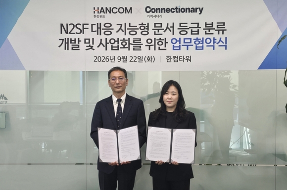 ▲송상엽 한컴위드 대표(왼쪽)와 이지원 커넥셔너리 대표가 ‘AI 지능형 문서 자동 분류’ 제품 공동 개발을 위한 양해각서를 체결한 뒤 기념촬영을 하고 있다. / 사진=한컴위드 한컴위드-커넥셔너리, N2SF 대응 AI 문서 자동분류 솔루션 개발