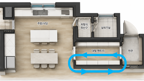 ▲한화포레나 84㎡ 대면형 광폭주방 및 순환형 펜트리 평면도 / 사진=㈜한화 건설부문 ㈜한화 건설부문, 포레나 신규 평면 개발…주방·수납공간 재배치